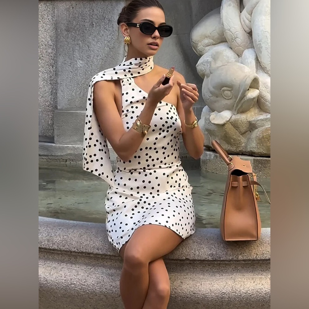 Commense Satin Polka Dot Asymmetrical Dress